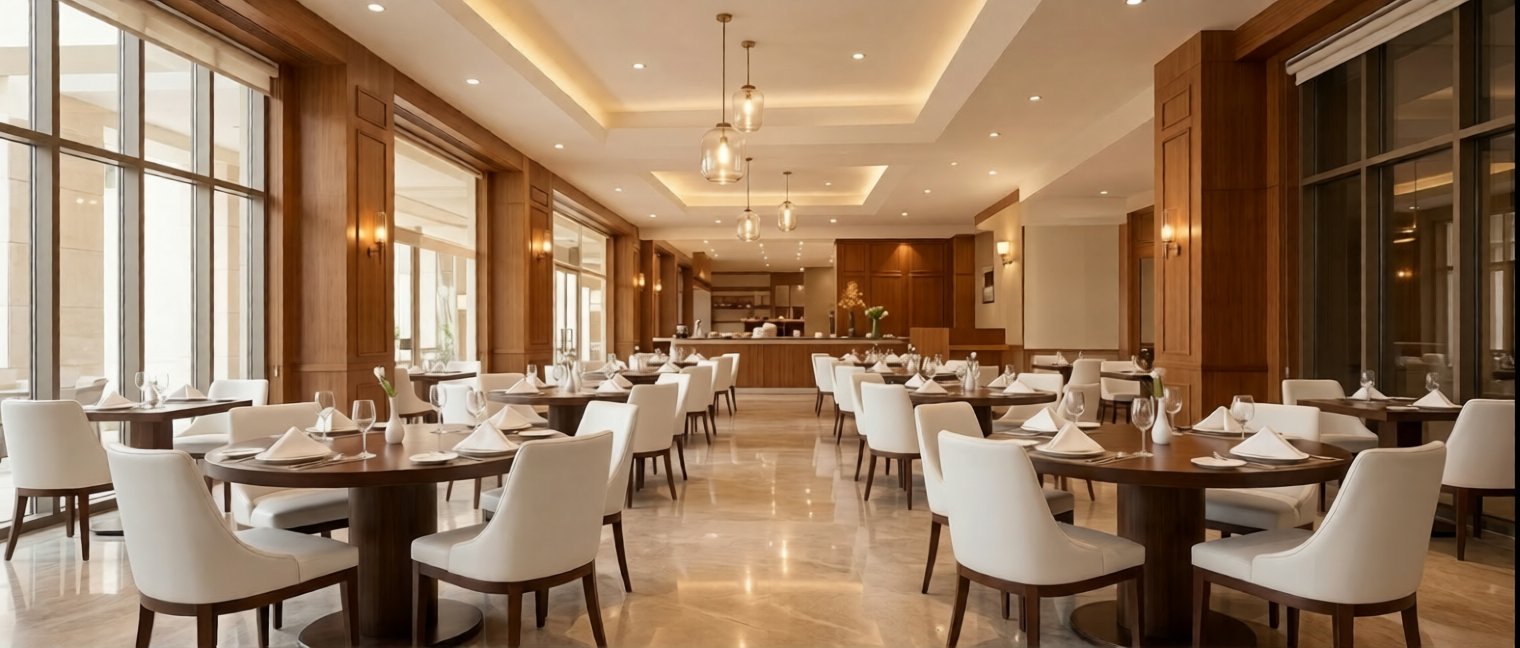 Pure vegetarian restaurant dining interior at Barsana Resort Patna
