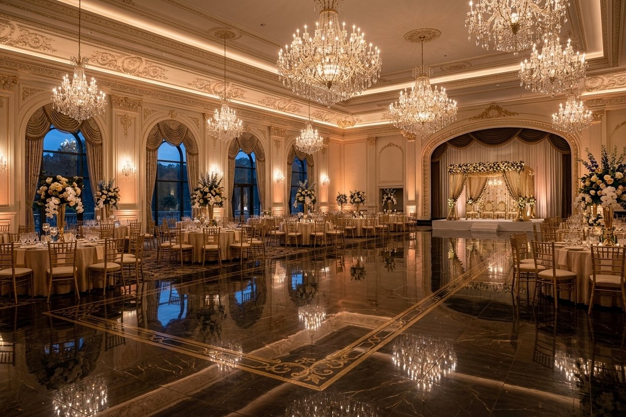 Grand Ballroom - Elegant indoor banquet hall in Patna with sparkling chandeliers and polished flooring