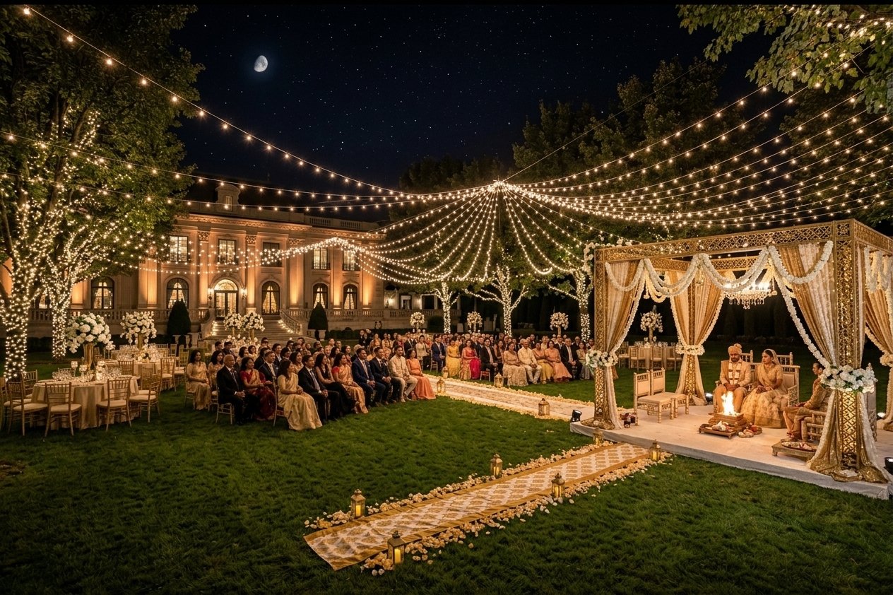 Royal Lawn - Expansive landscaped outdoor lawn with floral mandap and string lights