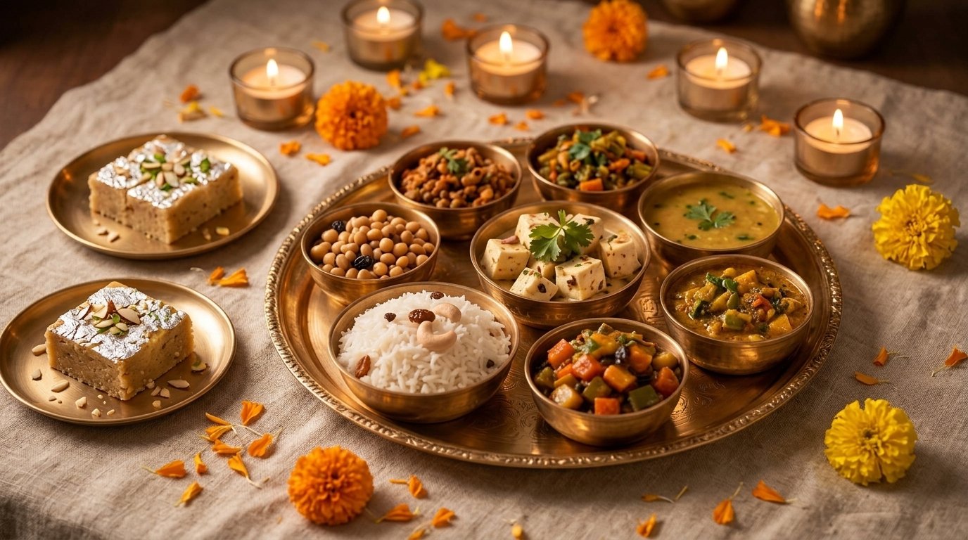 Jain Satvik Thali with paneer, rice and brass bowls