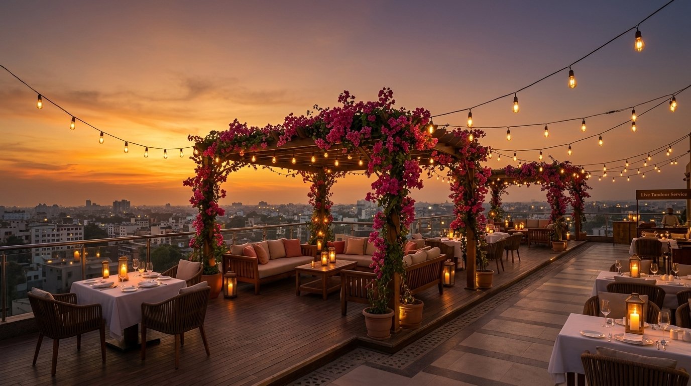 The Skyview Rooftop Deck at sunset with warm string lights