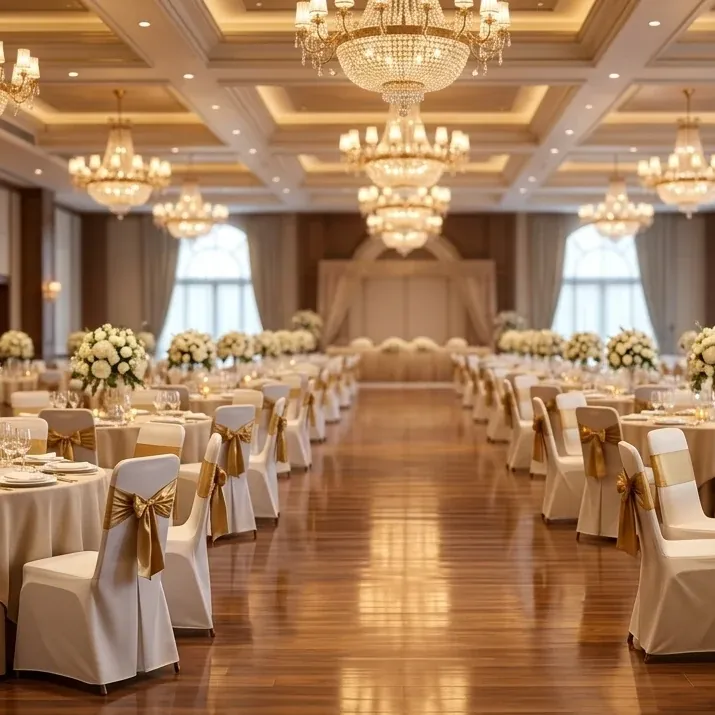About Barsana Resort Patna – banquet hall with chandeliers and gold-sashed chairs