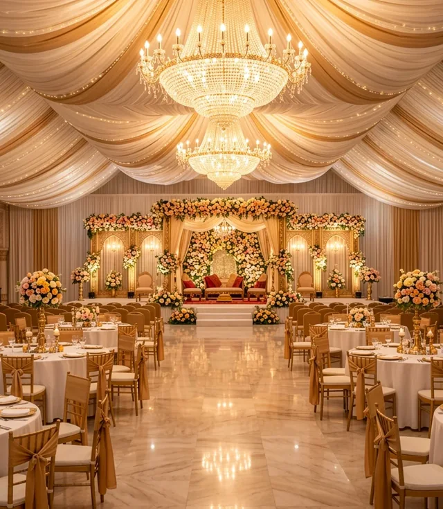 Banquet hall with chandeliers, draped ceiling and decorated wedding stage at Barsana Resort