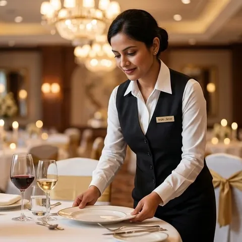 Barsana Resort staff member arranging a table setting in the banquet hall