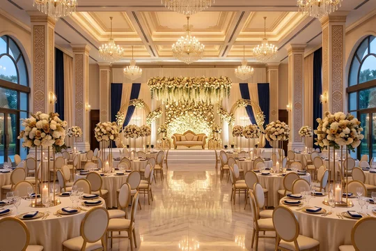 Banquet hall with crystal chandeliers, round tables and floral wedding stage at Barsana Resort
