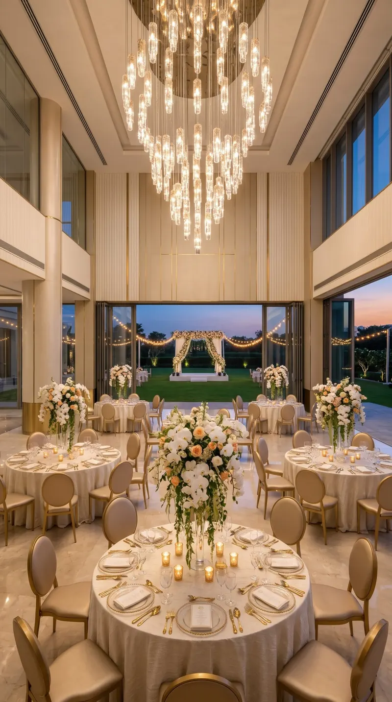 Banquet hall with crystal chandeliers at Barsana Resort Patna, set up for weddings and receptions