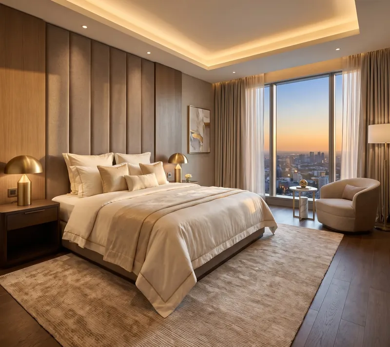 Guest room with a neatly made bed and soft natural light at Barsana Resort