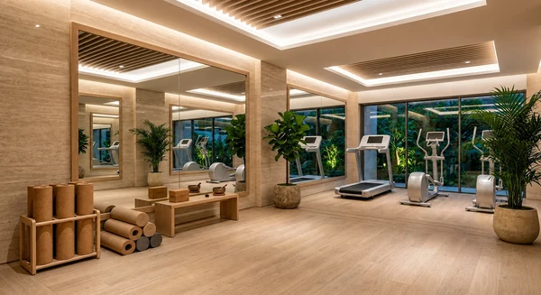 Gym interior with treadmills, yoga area and large windows at Barsana Resort