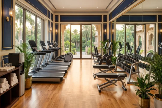 Resort gym with treadmills, dumbbell rack and benches facing a garden at Barsana Resort