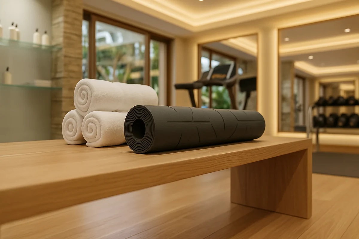 Rolled towels and a yoga mat beside a treadmill in the gym at Barsana Resort, Patna