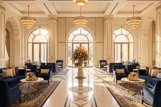 Resort lobby lounge with blue sofas, gold chandeliers and marble floor at Barsana Resort