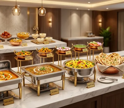 Pure veg buffet counter with paneer, dal, pulao, naan and desserts at Barsana Resort