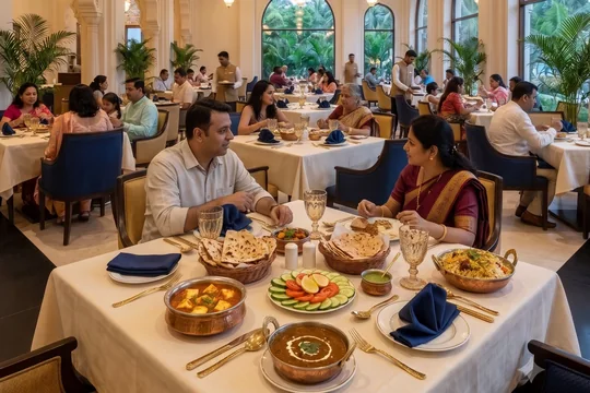 Family dining at the restaurant in Barsana Resort with paneer, dal, rotis and fresh salad
