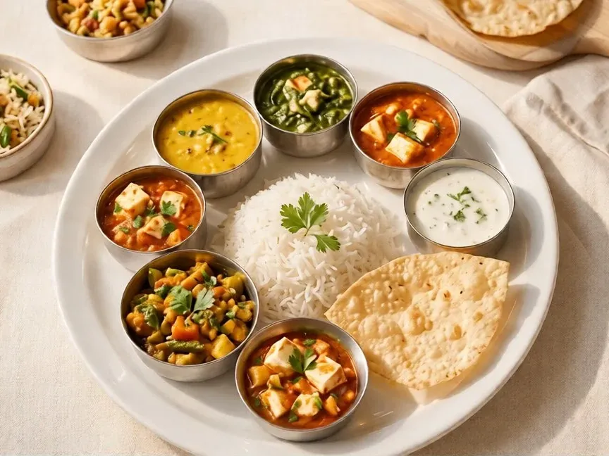 Pure veg thali with paneer curries, dal, rice, papad and raita at Barsana Resort