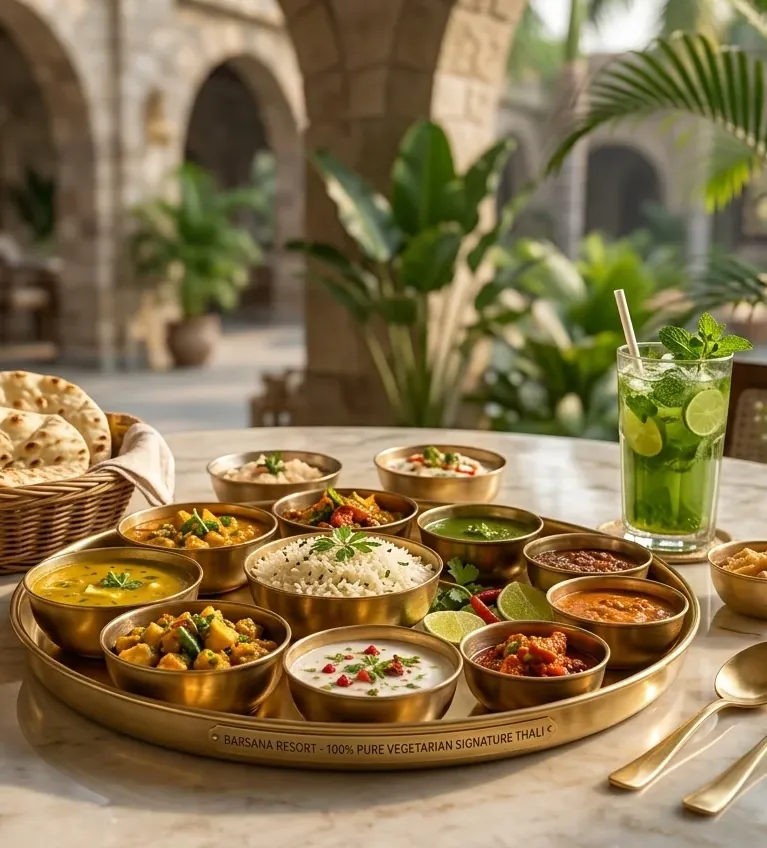 Pure vegetarian signature thali with assorted curries, naan and a lime drink at Barsana Resort Patna