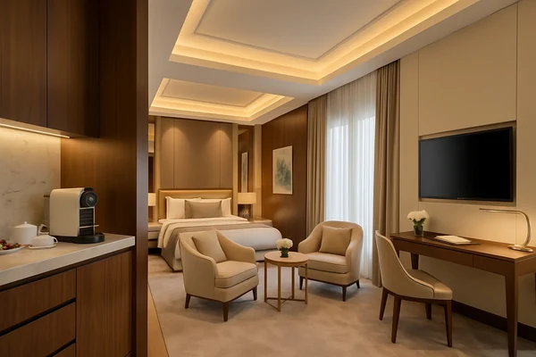 Room with sitting area, wall-mounted TV, work desk and tea-coffee counter at Barsana Resort