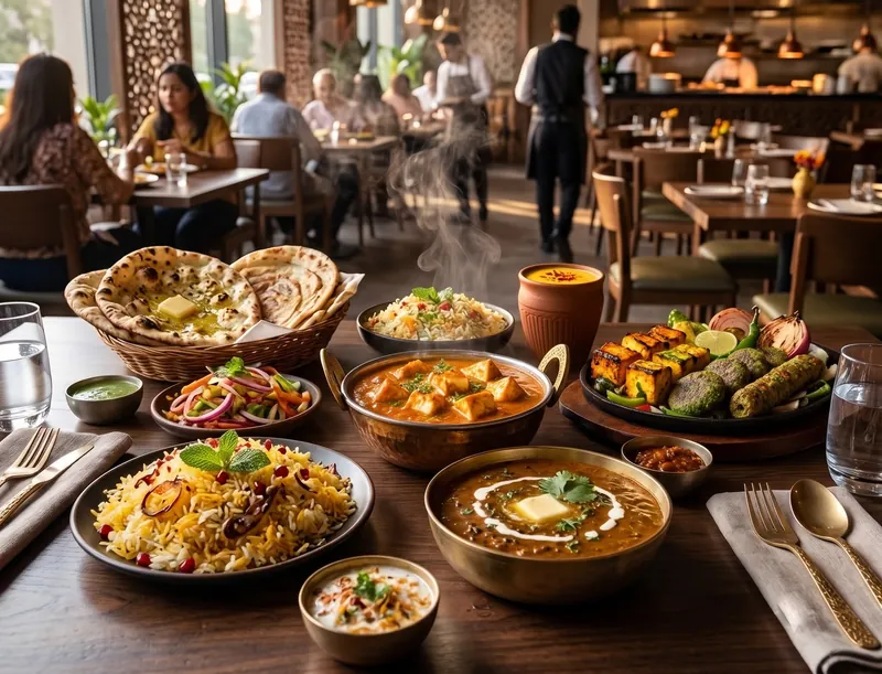 Table spread of pure vegetarian dishes with paneer curries, salad and naan at the Barsana Resort restaurant