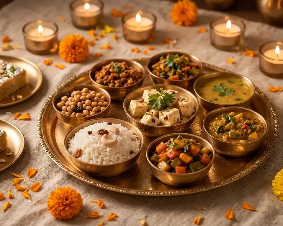 Jain satvik thali with paneer, rice and brass bowls at Barsana Resort, Patna