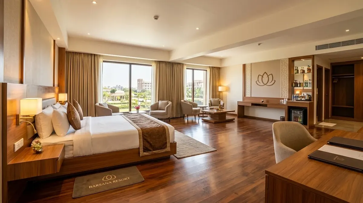Spacious suite with king bed, sitting area, work desk and large windows with garden view
