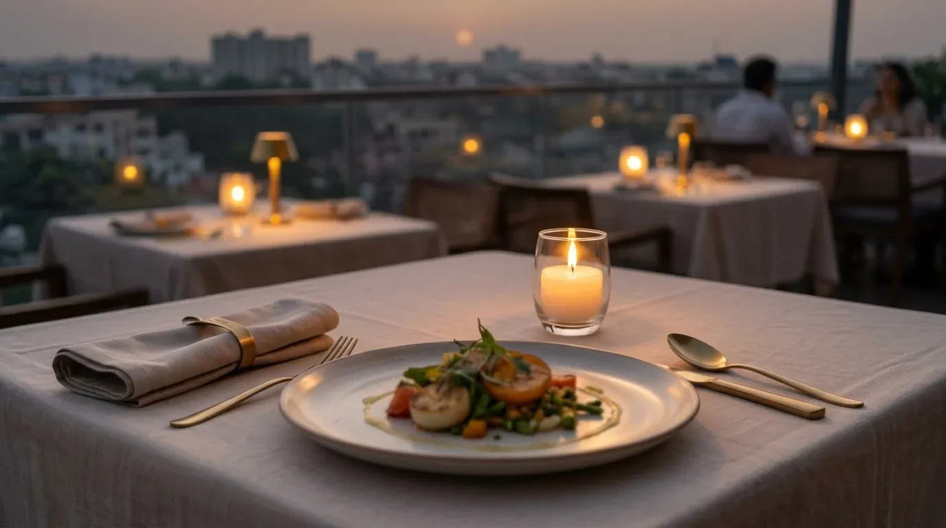 Candle-lit rooftop dining table at Barsana pure veg restaurant in Patna