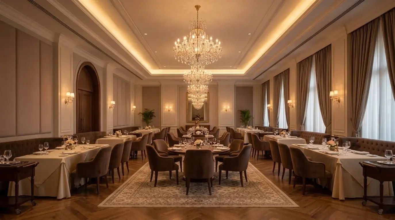 Royal Indoor Salon at Barsana Resort, Patna, with crystal chandeliers and velvet seating